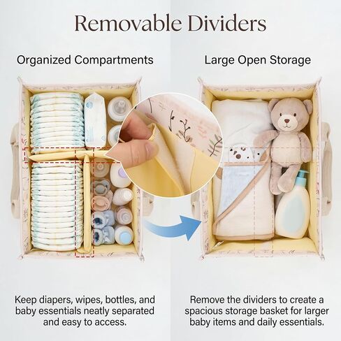 Floral Diaper Caddy Organizer, Nursery Storage Basket with Gift Bag | Portable Baby Essentials Organizer with Removable Dividers & Handle, Newborn Must Haves, Baby Shower Gifts for New Moms in Kuwait