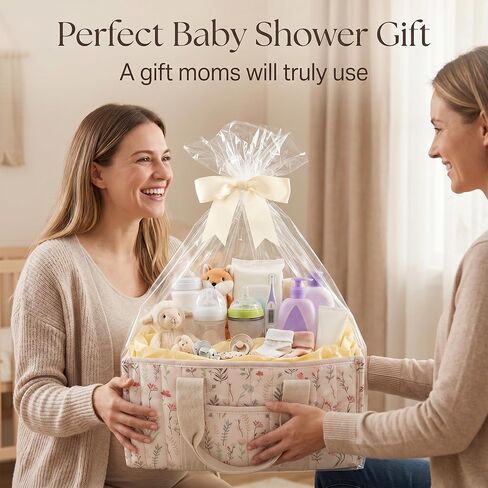 Floral Diaper Caddy Organizer, Nursery Storage Basket with Gift Bag | Portable Baby Essentials Organizer with Removable Dividers & Handle, Newborn Must Haves, Baby Shower Gifts for New Moms in Kuwait