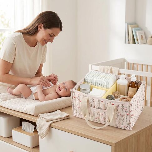 Floral Diaper Caddy Organizer, Nursery Storage Basket with Gift Bag | Portable Baby Essentials Organizer with Removable Dividers & Handle, Newborn Must Haves, Baby Shower Gifts for New Moms in Kuwait