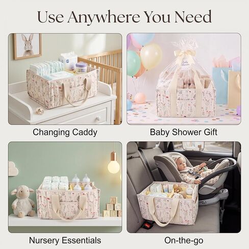 Floral Diaper Caddy Organizer, Nursery Storage Basket with Gift Bag | Portable Baby Essentials Organizer with Removable Dividers & Handle, Newborn Must Haves, Baby Shower Gifts for New Moms in Kuwait