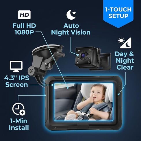 Baby Car Mirror Camera with 4.3" 1080P Full HD IPS Display, Infrared Night Vision Car Seat Monitor — See Baby Clearly Day & Night, 1-Minute Install, Fits All Cars in Kuwait