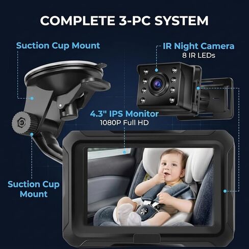 Baby Car Mirror Camera with 4.3" 1080P Full HD IPS Display, Infrared Night Vision Car Seat Monitor — See Baby Clearly Day & Night, 1-Minute Install, Fits All Cars in Kuwait