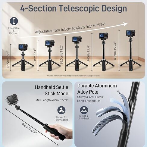 REYGEAK 15.75" Camera Tripod with 360° Ball Head for DJI Osmo Nano/Action 6 | 15.75" extendable Selfie Stick for vlogs, with cold shoe, magnetic and quick release design, fits DJI Osmo Nano/Action 6 in Kuwait
