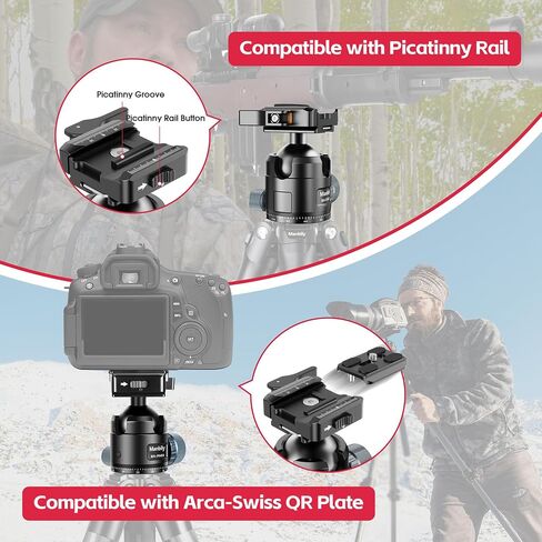 Low Profile Ball Head, 44mm Tripod Head with Picatinny to Arca-Swiss Adapter and 1/4" Quick Release Plate, CNC Aluminum 360° Head for Hunting Shooting Tripod DSLR Camera, Max Load 44lbs/20kg in Kuwait