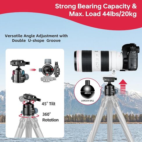 Low Profile Ball Head, 44mm Tripod Head with Picatinny to Arca-Swiss Adapter and 1/4" Quick Release Plate, CNC Aluminum 360° Head for Hunting Shooting Tripod DSLR Camera, Max Load 44lbs/20kg in Kuwait