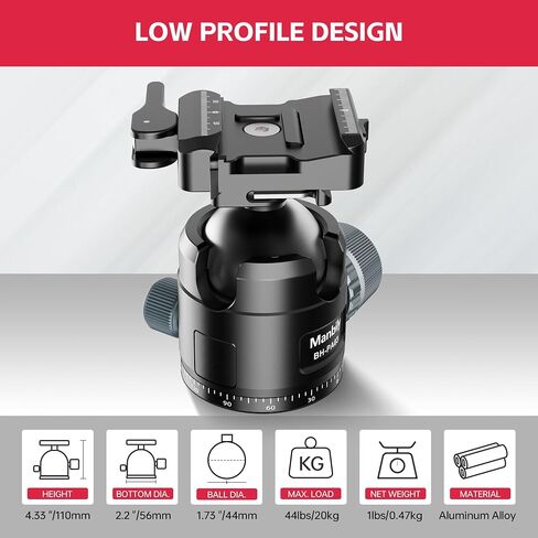 Low Profile Ball Head, 44mm Tripod Head with Picatinny to Arca-Swiss Adapter and 1/4" Quick Release Plate, CNC Aluminum 360° Head for Hunting Shooting Tripod DSLR Camera, Max Load 44lbs/20kg in Kuwait