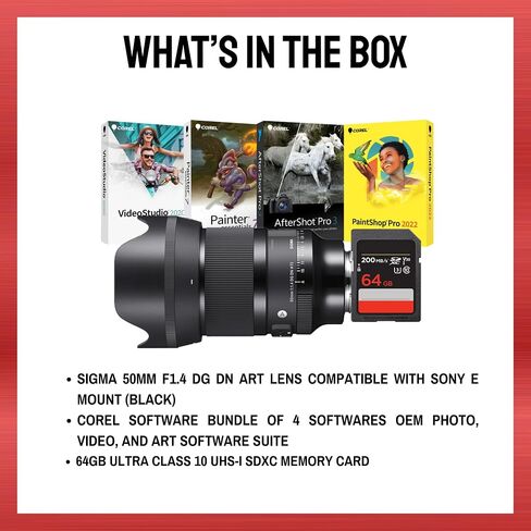 Sigma 50mm F1.4 DG DN Art Lens Compatible (Black, Sony E Mount) Bundle | 50mm F/1.4 Full-Frame Prime for Sony E, 14 Elements/11 Groups, 72mm Filter, 0.45m Min Focus, 670g in Kuwait