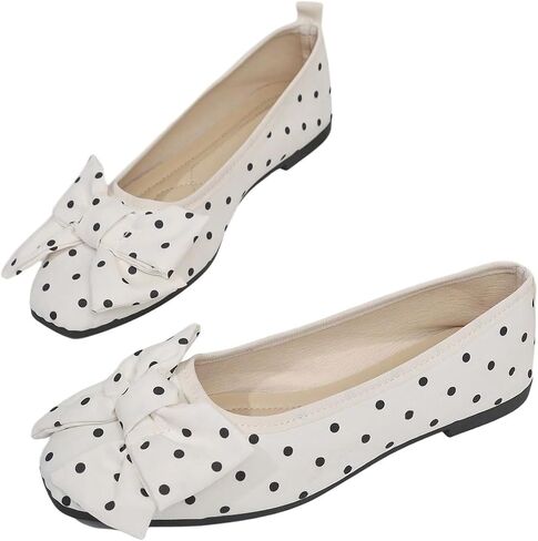 BEAUDRM Women's Polka Dots Bow Flat Shoes Closed Toe Wedding Party Slip on Ballerina Flats Spring Summer Flats in Kuwait