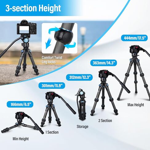 SIRUI AM-223L Mini Video Tripod with VA-5 Fluid Head, Carbon Fiber Travel Tripod with Leveling Base for DSLR Camera Video Camcorder, Max Height 17.5", Load up to 6.6lbs in Kuwait