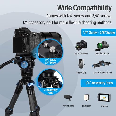 SIRUI AM-223L Mini Video Tripod with VA-5 Fluid Head, Carbon Fiber Travel Tripod with Leveling Base for DSLR Camera Video Camcorder, Max Height 17.5", Load up to 6.6lbs in Kuwait