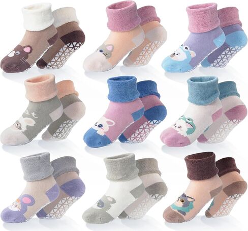 ANTSANG Baby Toddler Grip Socks, Girls Boys Thick Cotton Ankle Crew Socks | Enhanced Grips, Adjustable Cuff, Smooth Toe, High Elasticity, Soft Touching, Breathable, Moisture-Wicking, Non-Slip, 9 Pairs in Saudi Arabia