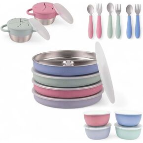 Elk and Friends Kids Stainless Steel Mealtime Bundle | 16 Pcs Dinnerware Set | Plates, Bowls, Snack Cups & Toddler Utensils | Travel Storage Lids | Dishwasher Safe in Saudi Arabia