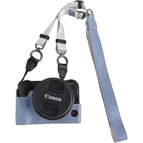 R50 V Case, PU Litchi Leather Camera Bag Bottom Opening Half Body Case Cover Shell for Canon Eos R50 V R50V with Neck Strap Lens Cap (Blue) in Saudi Arabia
