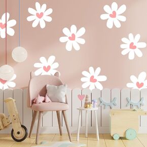 12 Sheets Daisy Wall Stickers Peel and Stick Pink Heart Decals for Room Decor Large Boho White Flower Wallpaper Decal for Kids Girls Nursery Furniture Dresser Bedroom Playroom Living Room Walls Window in Saudi Arabia