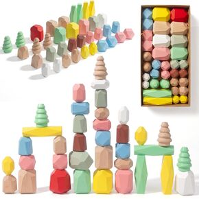 WOODENFUN Wooden Stacking Rocks Stones Building Blocks Sensory Toddler Toys | 36Pcs Montessori Toy Preschool Learning Activities Balancing Stacking Game, Birthday Gifts for Kids 3-5 Year Old in Saudi Arabia