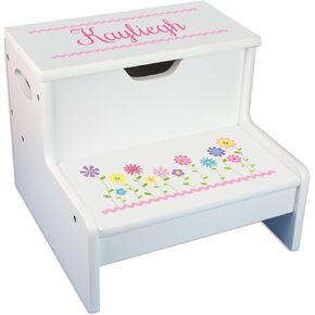Personalized Kids Step Stool | Stemmed Flowers White Childrens Step Stool with Storage | Custom Name Toddler Bathroom & Kitchen Helper | Great Baby Gift in Saudi Arabia