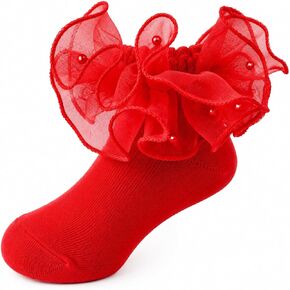 Baby Girl Ruffle Socks Frilly Princess Dress Socks with Pearls Breathable Ankle Socks in Saudi Arabia