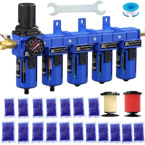NEWPO 3/8" NPT 5 Stage Air Dryer for Compressor,Air Pressure Regulator with 5＆0.01 Micron Filter Cartridge,Triple Desiccant Dryer & Air Drying System,Semi-Auto Drain (Black) in Saudi Arabia