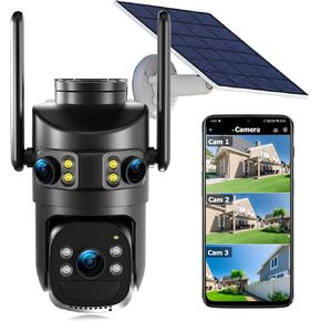 Triple Lens Solar Security Cameras Wireless Outdoor, 2.4G/5G WiFi Camera | 360° Pan/Tilt, 6MP Color Night Vision, PIR Motion Alarm, Spotlight Siren, 2-Way Audio, Easy to Install, Waterproof in Saudi Arabia