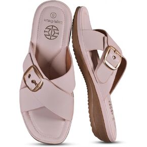 Women's Faux Leather Slip-On Sandals | Faux Leather,Low Heel,Soft Sponge Cushion Insole & Non-Slip Rubber Sole, Casual Summer Sandals in Saudi Arabia