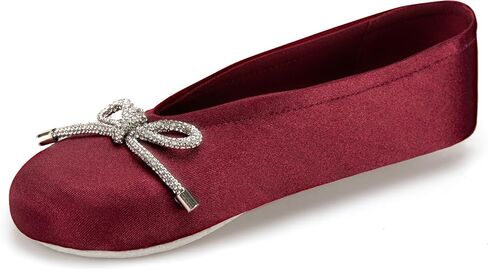 isotoner Women's Classic Stretch Satin Ballerina Slippers with Bow Tie and Leather Sole, Chili, 9.5-10.5 in Kuwait