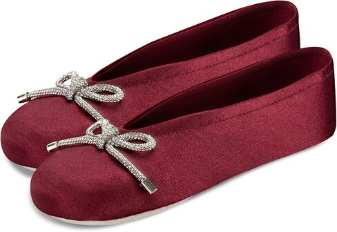 isotoner Women's Classic Stretch Satin Ballerina Slippers with Bow Tie and Leather Sole, Chili, 9.5-10.5 in Kuwait