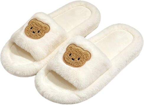 Cute Bear Fuzzy Slippers Animal Fluffy Open Toe Plush House Bedroom Slides in Kuwait