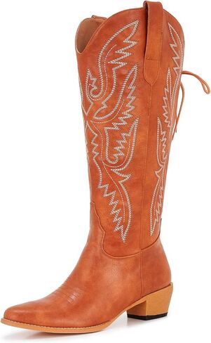 Uillnoodu Wide Calf Cowboy Boots Women Adjustable Lace Up Knee High Tall Plus Size Cowgirl Boots Western Style Comfortable 2-Inch Heel in Kuwait