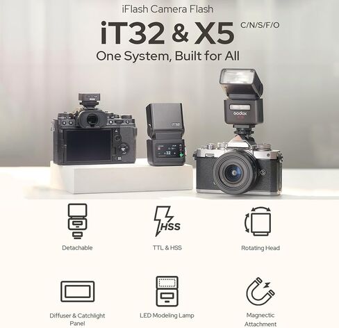 GODOX iT32 TTL Camera Flash with X5S Flash Trigger for Sony Cameras,Magnetic Hotshoe & Trigger 2-in-1,Touch Color Screen,Rotatable Flash Head,LED Modeling Lamp,1.5s Recycle Time,510 Full Power Flashes in Kuwait