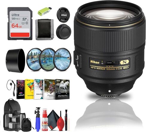 Nikon AF-S NIKKOR 105mm f/1.4E ED Lens (20064) Bundle | For FX-Format DSLR Cameras + 64GB Memory Card + Tripod + Filter Kit + Card Reader + More in Kuwait