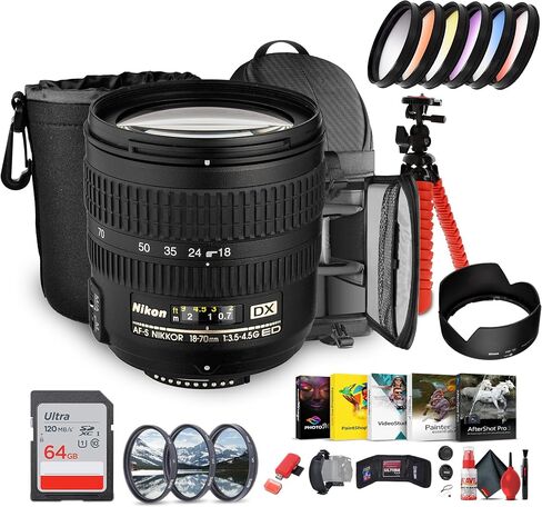 Nikon 18-70mm f/3.5-4.5G AFS ED-IF DX Zoom Autofocus Lens & Backpack Bundle | For Photography & Video | Lightweight + 64GB Memory Card + Filter Kit (2149) + More in Kuwait