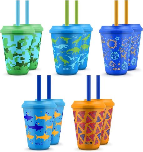 Ello Kids Plastic Reusable Color Changing Cups with Twist on Splash-Proof Lids and Straw, BPA Free, Dishwasher Safe, 12oz, Rainforest, 10 Pack | Leakproof color-changing kids cups with straws & lids, 10 pack. BPA-free, splash-proof lids, great for school  in Kuwait
