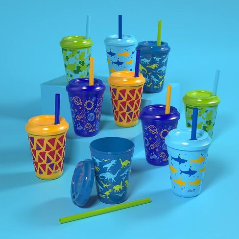 Ello Kids Plastic Reusable Color Changing Cups with Twist on Splash-Proof Lids and Straw, BPA Free, Dishwasher Safe, 12oz, Rainforest, 10 Pack | Leakproof color-changing kids cups with straws & lids, 10 pack. BPA-free, splash-proof lids, great for school  in Kuwait