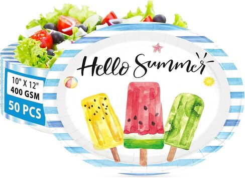 50Pcs Summer Popsicle Large Oval Paper Plates 12 x 10 Inch | Hello Summer Heavy Duty Plates Popsicle Ice Cream Dessert Platters for Summer Birthday Baby Shower Picnic Holiday Supplies in Kuwait