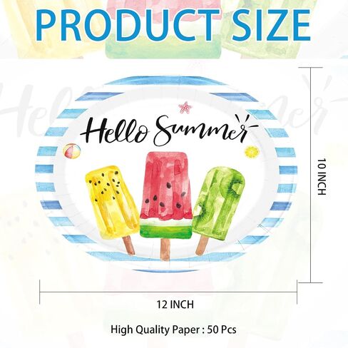 50Pcs Summer Popsicle Large Oval Paper Plates 12 x 10 Inch | Hello Summer Heavy Duty Plates Popsicle Ice Cream Dessert Platters for Summer Birthday Baby Shower Picnic Holiday Supplies in Kuwait