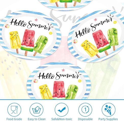 50Pcs Summer Popsicle Large Oval Paper Plates 12 x 10 Inch | Hello Summer Heavy Duty Plates Popsicle Ice Cream Dessert Platters for Summer Birthday Baby Shower Picnic Holiday Supplies in Kuwait