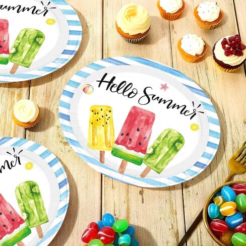 50Pcs Summer Popsicle Large Oval Paper Plates 12 x 10 Inch | Hello Summer Heavy Duty Plates Popsicle Ice Cream Dessert Platters for Summer Birthday Baby Shower Picnic Holiday Supplies in Kuwait