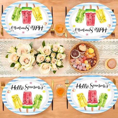50Pcs Summer Popsicle Large Oval Paper Plates 12 x 10 Inch | Hello Summer Heavy Duty Plates Popsicle Ice Cream Dessert Platters for Summer Birthday Baby Shower Picnic Holiday Supplies in Kuwait