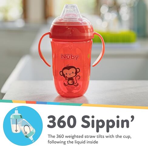 Nuby Comfort Trainer 2 Handle Cup, 9 Oz | 360 Weighted Straw and Soft Silicone Spout - Boy - Colors May Vary in Kuwait