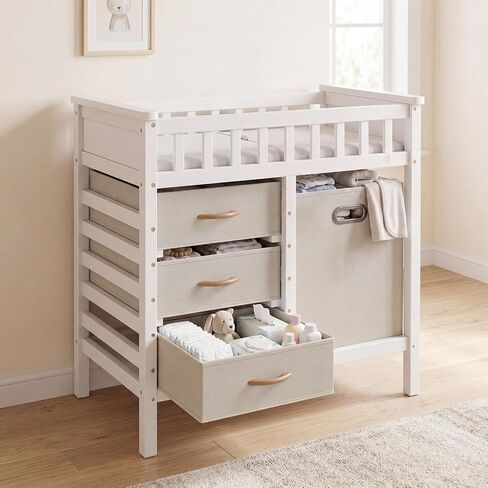 INFANS Wooden Baby Changing Table with Comfy Changing Pad, 3 Fabric Drawers, Laundry Hamper, Safety Belt, Diaper Station Dresser for Nursery Infant (Light Gray) in Kuwait