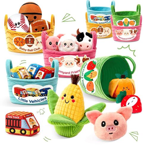 Baby Sensory Toys 6-12 Months 16Pcs 4-Themed Plush Sorting Set with Storage Baskets Crinkle Rattle Montessori Sorting Play for 12-18 Months Toddler Baby Shower Gift for 1 Year Old Boy Girl in Kuwait