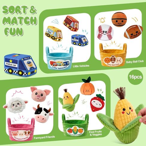 Baby Sensory Toys 6-12 Months 16Pcs 4-Themed Plush Sorting Set with Storage Baskets Crinkle Rattle Montessori Sorting Play for 12-18 Months Toddler Baby Shower Gift for 1 Year Old Boy Girl in Kuwait