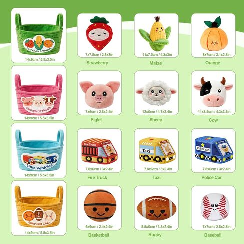 Baby Sensory Toys 6-12 Months 16Pcs 4-Themed Plush Sorting Set with Storage Baskets Crinkle Rattle Montessori Sorting Play for 12-18 Months Toddler Baby Shower Gift for 1 Year Old Boy Girl in Kuwait