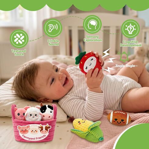 Baby Sensory Toys 6-12 Months 16Pcs 4-Themed Plush Sorting Set with Storage Baskets Crinkle Rattle Montessori Sorting Play for 12-18 Months Toddler Baby Shower Gift for 1 Year Old Boy Girl in Kuwait