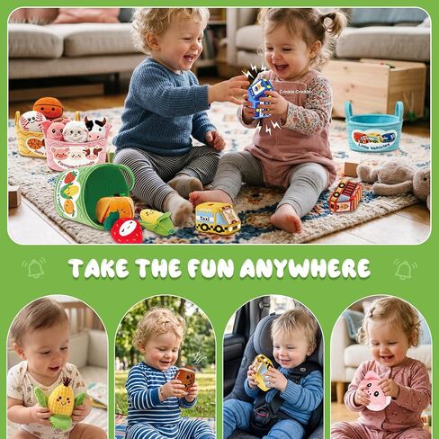 Baby Sensory Toys 6-12 Months 16Pcs 4-Themed Plush Sorting Set with Storage Baskets Crinkle Rattle Montessori Sorting Play for 12-18 Months Toddler Baby Shower Gift for 1 Year Old Boy Girl in Kuwait