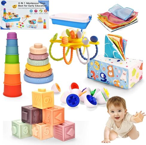 Montessori Toy Set 6 in 1 Baby Toys 6 to 12 Months, Montessori Toy for Toddlers 1-3, Infant Teething Babies Toy Stacking Blocks Rings Pull String Toy in Kuwait