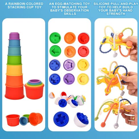 Montessori Toy Set 6 in 1 Baby Toys 6 to 12 Months, Montessori Toy for Toddlers 1-3, Infant Teething Babies Toy Stacking Blocks Rings Pull String Toy in Kuwait