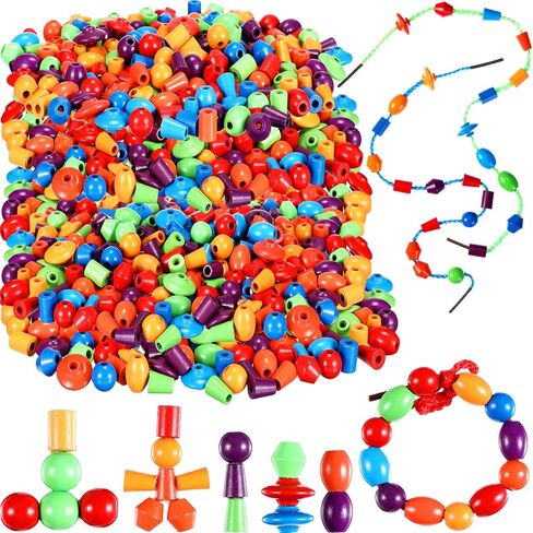 Shappy 324 Pcs Wooden Lacing Beads for Wooden String Beads Threading Toys Montessori Lacing Toys Fine Motor Skills Developmental Educational Plaything Sensory Occupational Activities Autism OT in Kuwait