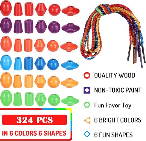 Shappy 324 Pcs Wooden Lacing Beads for Wooden String Beads Threading Toys Montessori Lacing Toys Fine Motor Skills Developmental Educational Plaything Sensory Occupational Activities Autism OT in Kuwait