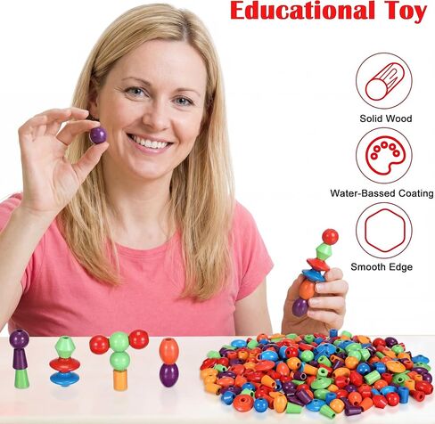Shappy 324 Pcs Wooden Lacing Beads for Wooden String Beads Threading Toys Montessori Lacing Toys Fine Motor Skills Developmental Educational Plaything Sensory Occupational Activities Autism OT in Kuwait